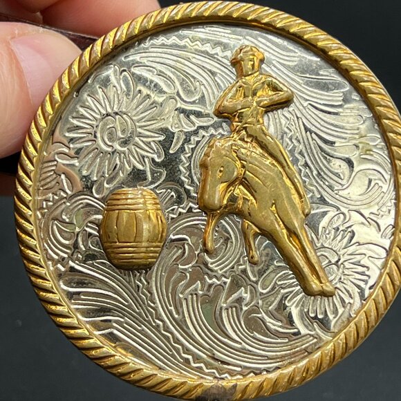 German Silver Barrel HORSE SILVER & GOLD Belt Buckle & 28” 2 Tone Leather Belt main image 4